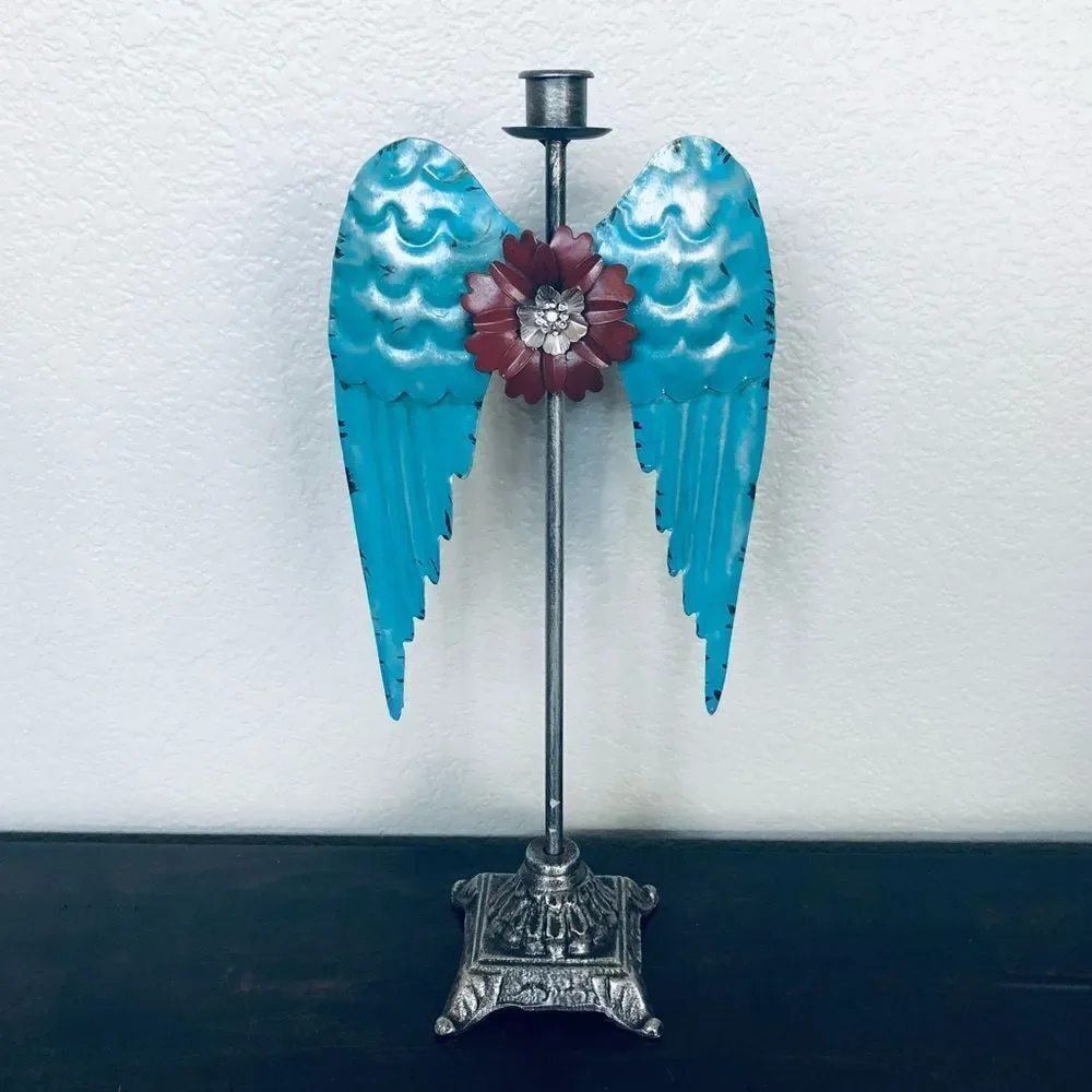 Rustic Metal Angel Wings Candlestick Candle Holder Decor